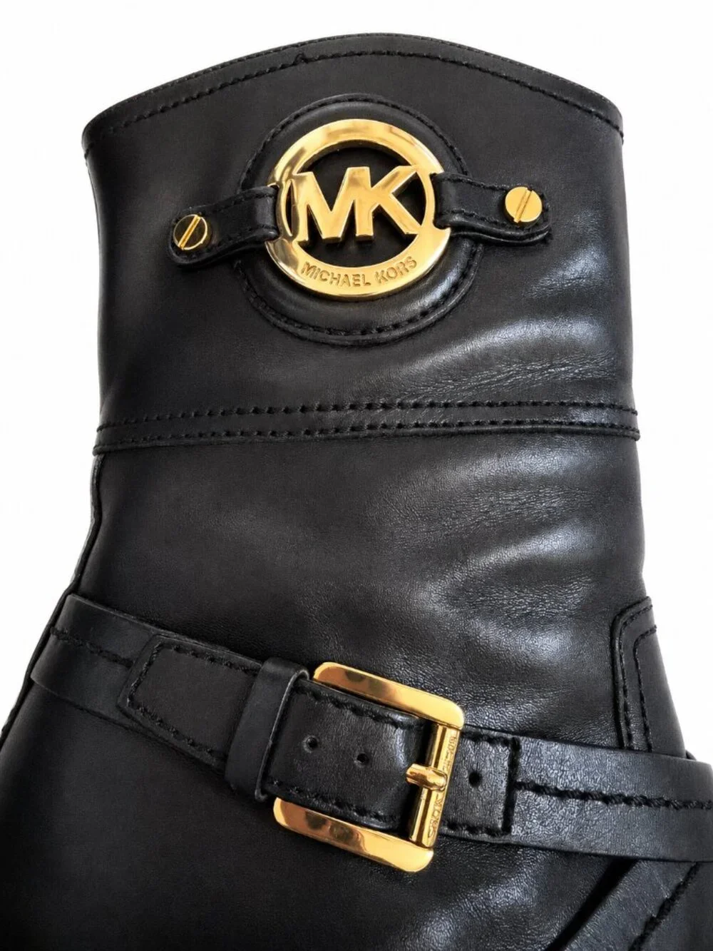 Michael Kors Black Leather Platform Stiletto Boots Gold Logo 7.5